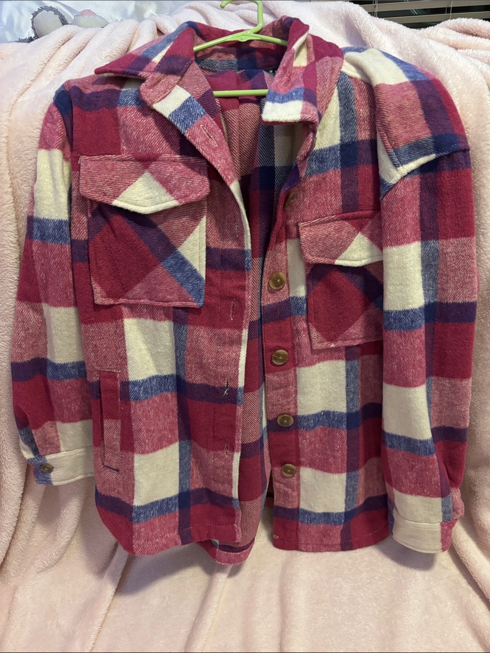 Teddy Plaid Button-Front Jacket in Pink & Cream